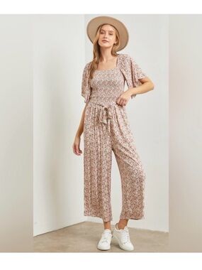 Polagram Floral Smocked Square Neck Wide-Leg Jumpsuit Pockets Beige Pink L